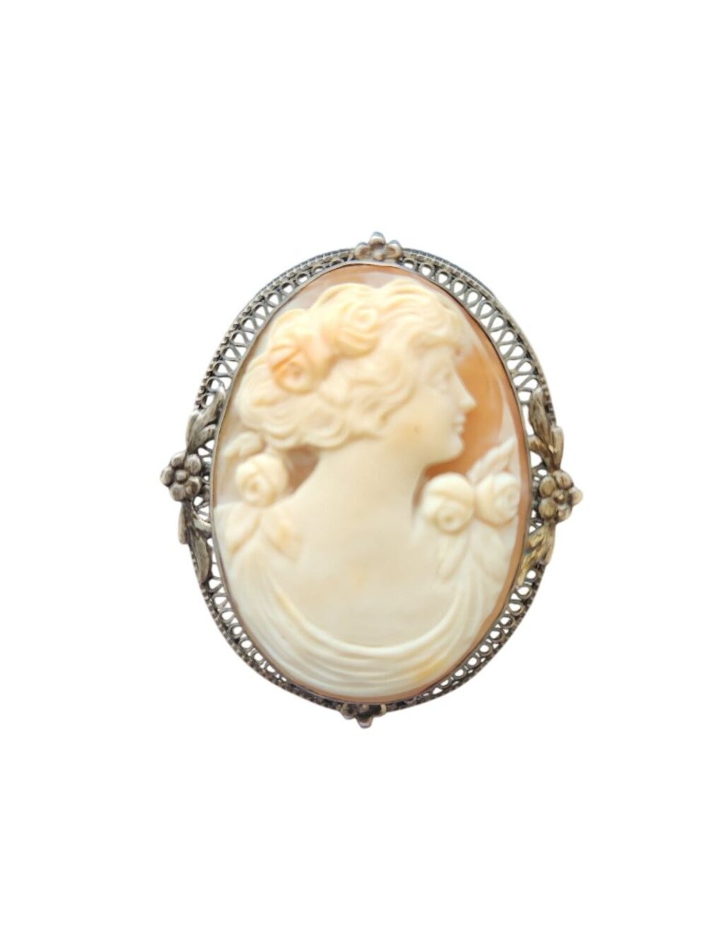 Antique Hand-Carved Shell Cameo Brooch Pendant With Ornate Silver Frame